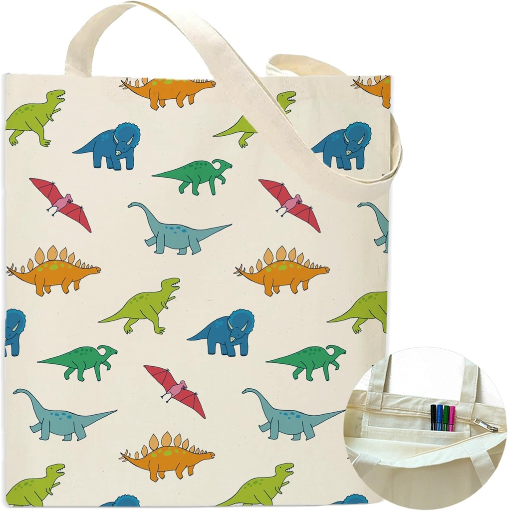 Colorful Cute Dinosaur Canvas Tote Bag Shoulder Zipper Pocket Aesthetic Women Teacher Lady Shopping Handbag Preppy College Book Reusable Grocery Work Storage Party Personalized Cloth Cotton