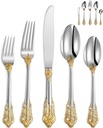 KEAWELL Luxury 65 Pieces 18/10 Stainless Steel Flatware set, Service for 12, silver plated with gold accents, Fine Silverware set and Dishwasher Safe