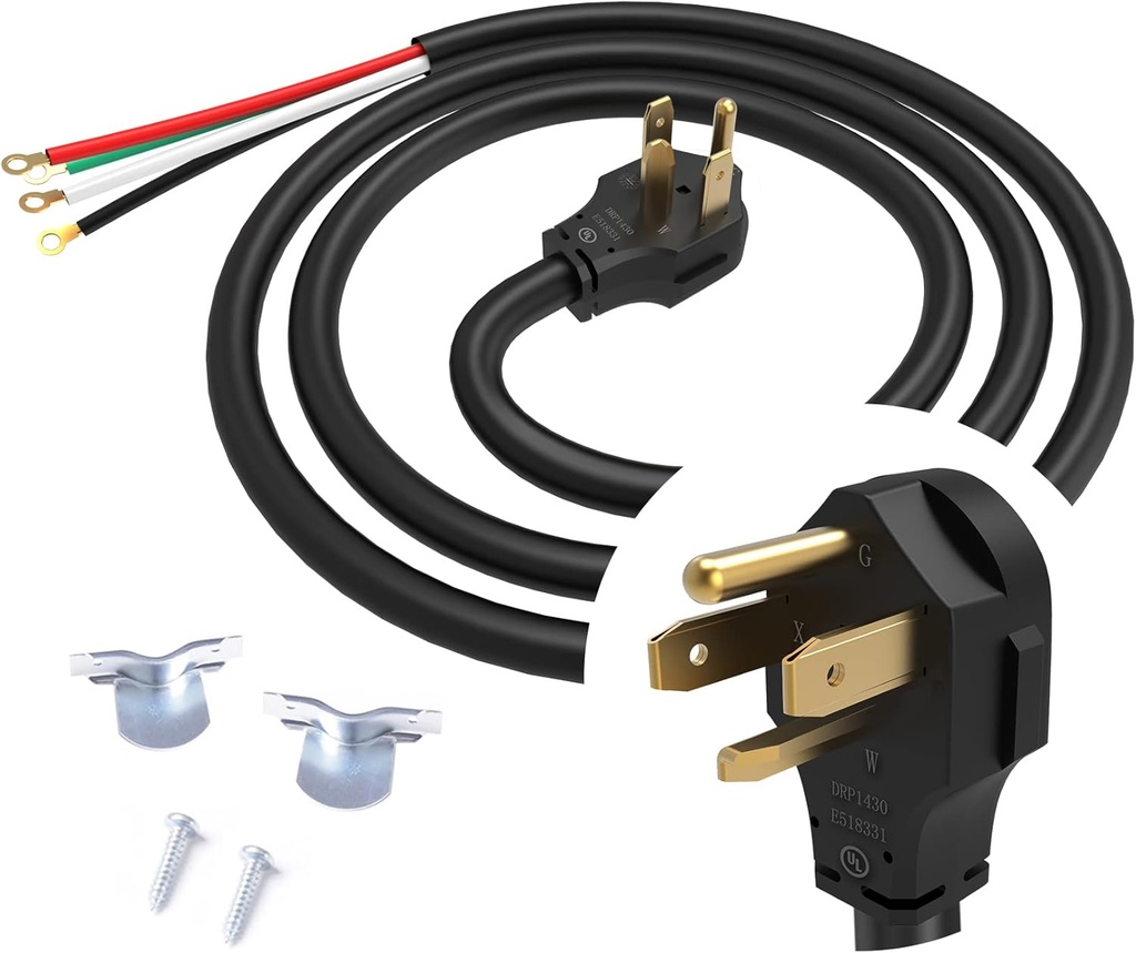 TOPDC 4 Prong Dryer Cord, 30 AMP Appliance Power Cord 5 Feet, Wires in 4 Colors with O Ring Terminal Connectors, Pure Copper Wire