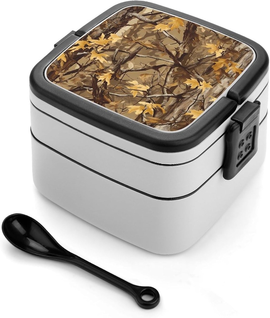 Tree Camouflage Pattern Portable Bento Box with Handle 2 Compartment Leak-Proof Stackable Lunch Box for Work Picnic Camping
