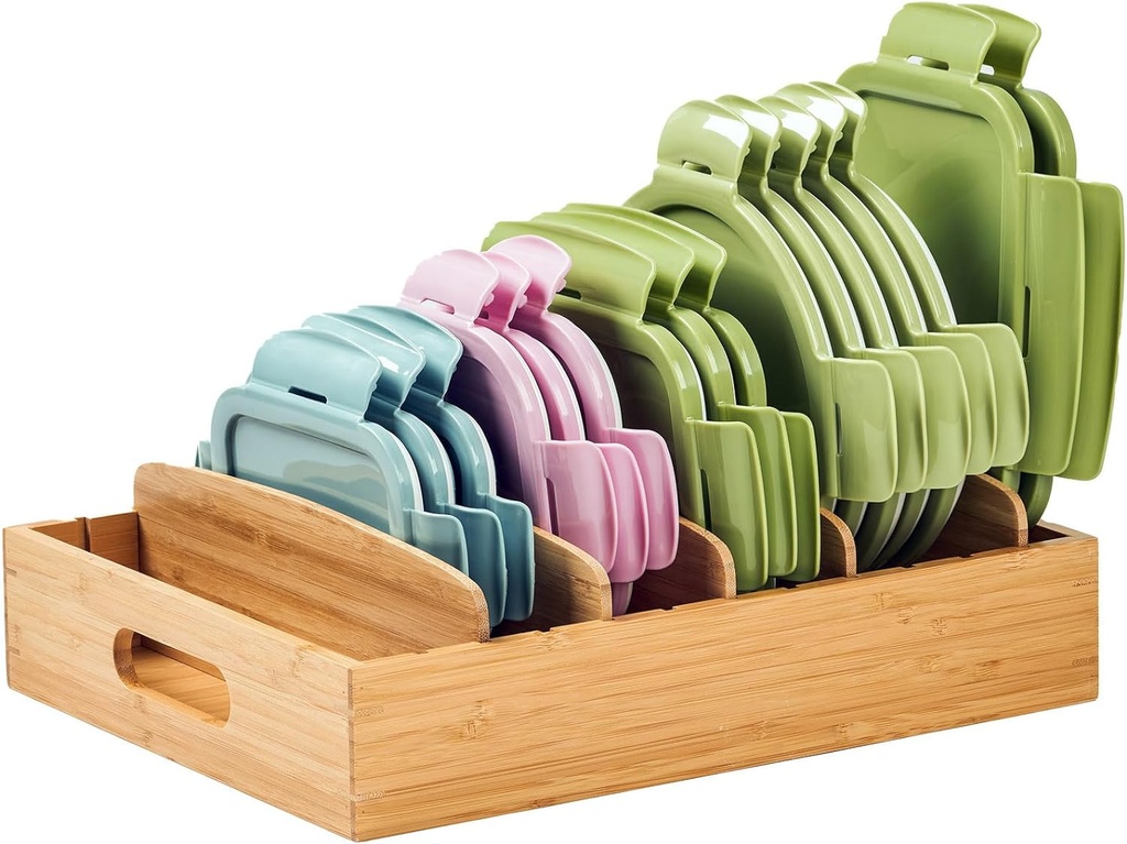 Umilife Kitchen Cabinet Organizer for Food Storage Container Lids, with Adjustable Dividers, Bamboo Drawer Caddy, Box for Kitchen Storage And Organization