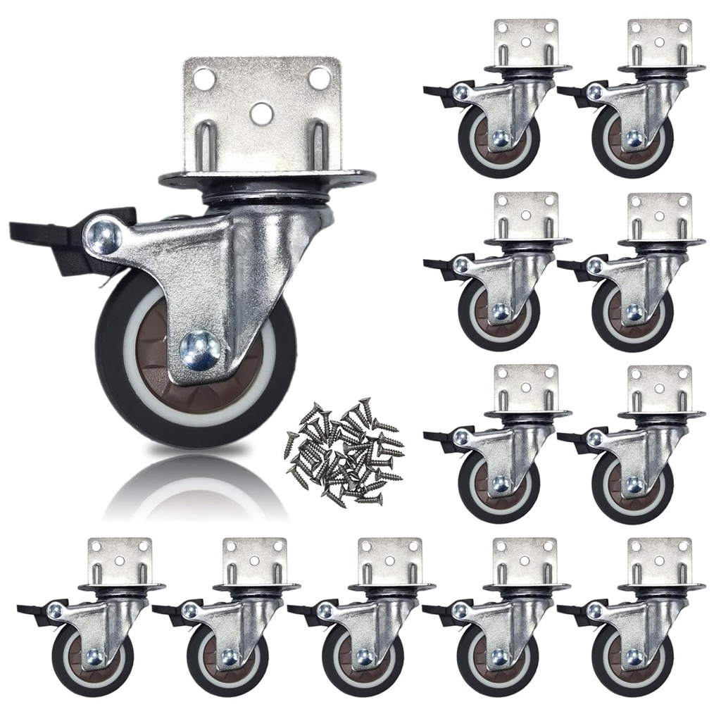 12 Pcs 2 Inch L-Shape Plate Swivel Caster (4 casters Load Capacity 600 lbs) with Brake Caster for Furniture, Appliances, Cribs, Workbenches, Etc