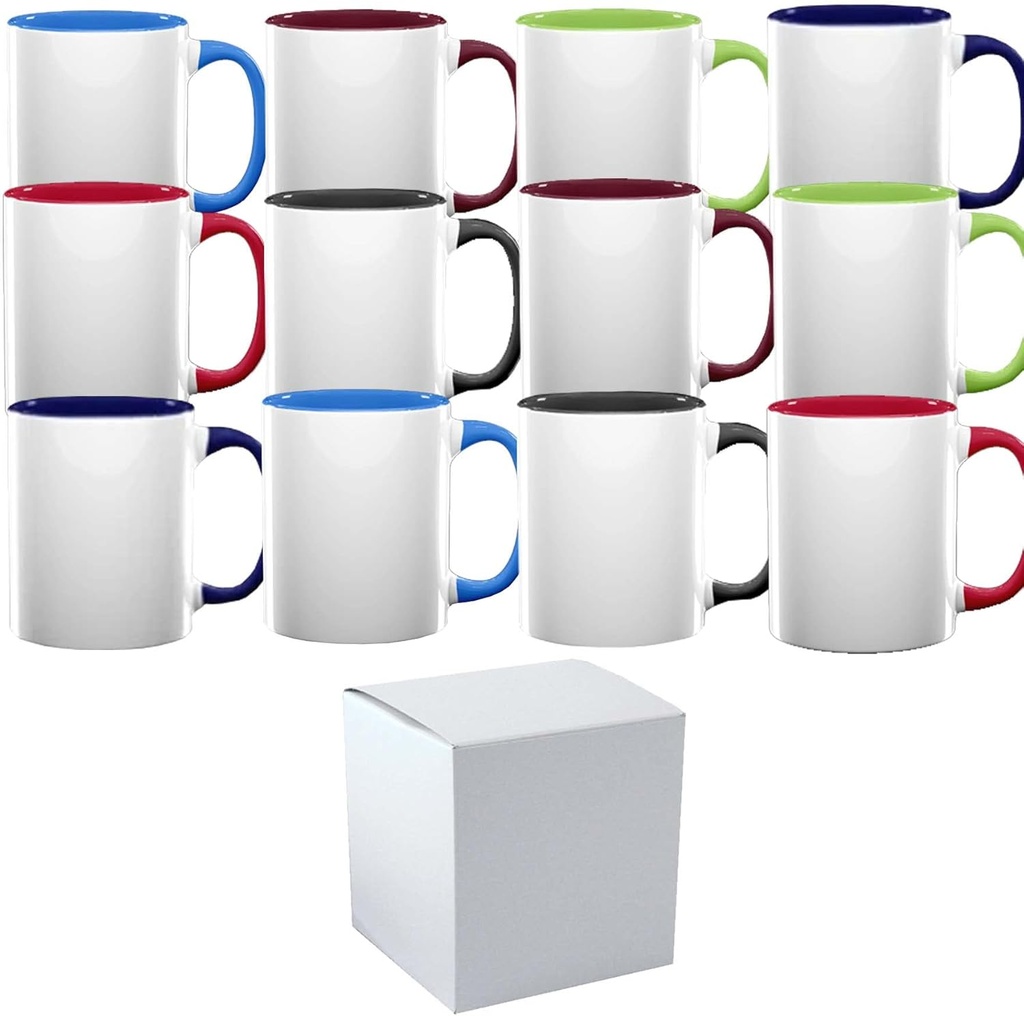 TWISTED ENVY Case of 12: 15oz El Grande Ceramic Sublimation Coffee Mugs with Mixed Colors Inside/Handle and Gift Boxes
