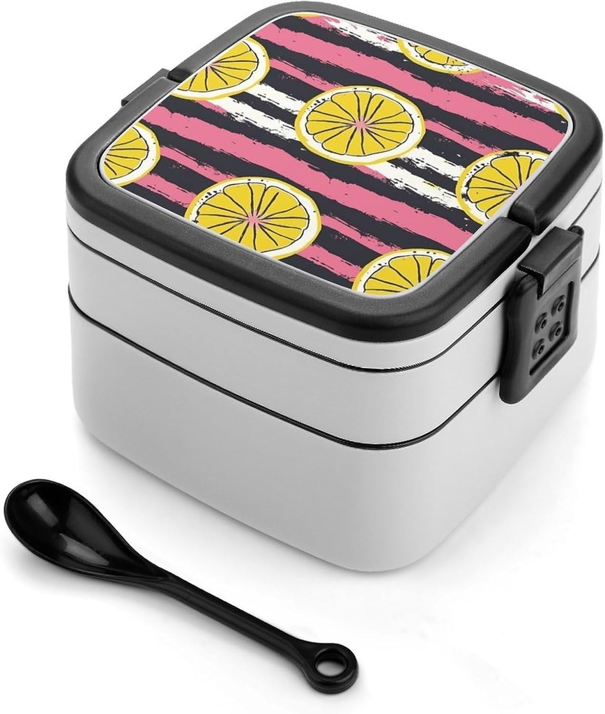 Stackable Double-Layer Bento Box Yellow Lemon Slices Adults Lunchbox with Spoon Cute Japanese Bento Box Dishwasher Safe for Work Travel Dining Outc