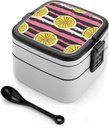 Stackable Double-Layer Bento Box Yellow Lemon Slices Adults Lunchbox with Spoon Cute Japanese Bento Box Dishwasher Safe for Work Travel Dining Outc