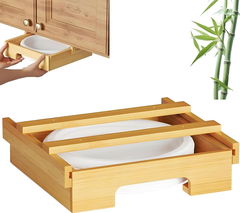 10 Inch Paper Plate Dispenser Under Cabinet Bamboo Plates Holder, Paper Plate Dispenser Under Cabinet, Kitchen Counter Vertical Plate Dipensersn Log Color, ZR-290
