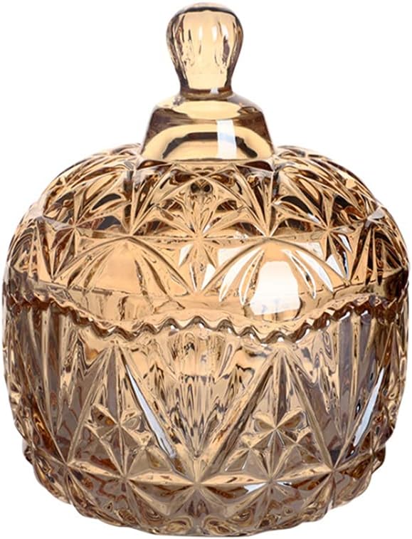 260ml 8.7oz Crystal Glass Candy Jar Candy Box Candy Dish with Lid Candy Bowl Cookie Jar Food Jar Nut Jar Seasoning Jar Decorative Glass Jewelry Box for Office Desk Decor(Amber)