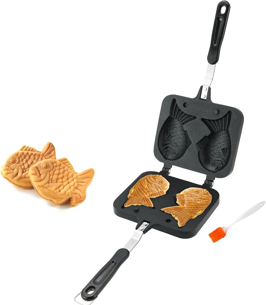 Taiyaki Fish Shape Cake Pan Waffle Cake Maker Fish-Shaped Pancake Double Pan Mold for Home Cooking with Silicone Oil Brush
