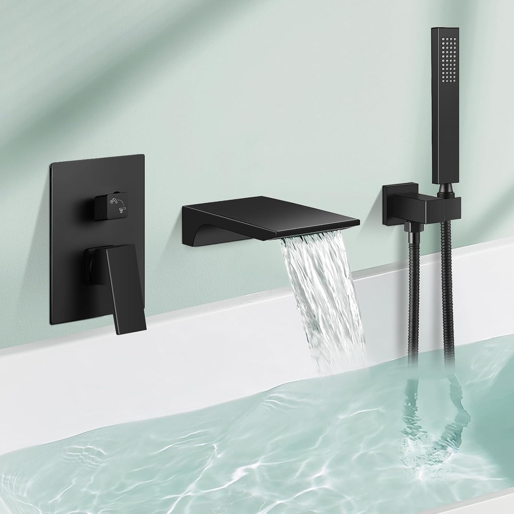 FAHKNS Wall-mounted Bathtub Faucet Black Matte, Bathtub Filler Faucet Solid Brass with Single Handle Handheld Shower and Water Pressure Balance Valve