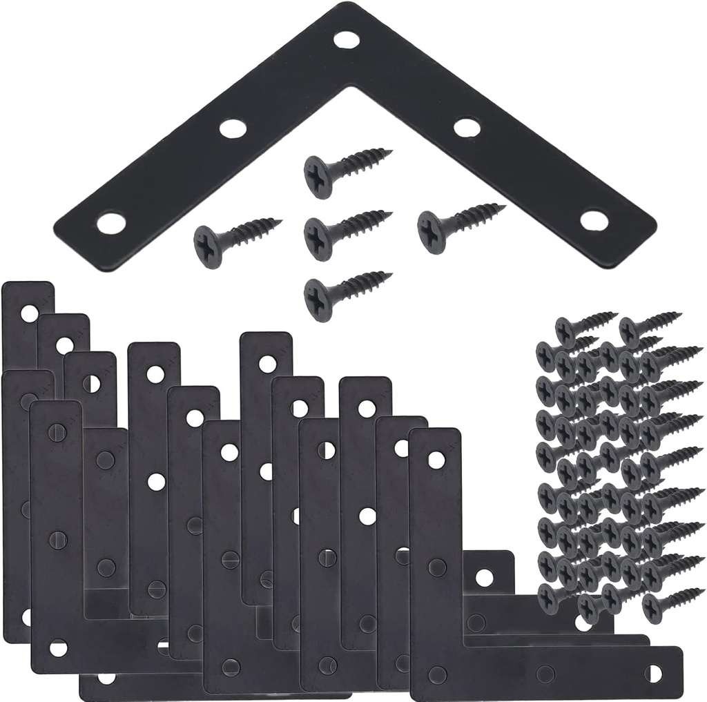 20pcs Black L Flat Shape Braces Corner Bracket, 80x80 mm Decorative Corner Brackets Mending Plate, Cold Rolled Steel 90 Dgree Angle Bracket for Wood Furniture Fixing