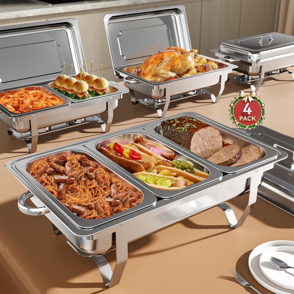Chafing Dish Buffet Set, 9QT High Grade Chafing Dishes for Buffet, Chafers and Buffet Warmers Sets for Birthday, Wedding, Rolled-Edge Design with Silver, 4 Pack, 7 Pans