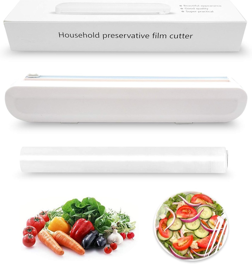 souG Reusable Plastic Wrap Dispenser with Cutter, Food Wrap Dispenser, Refillable Cling Film/Wax Paper, 1 Roll Plastic Food Wrap Included