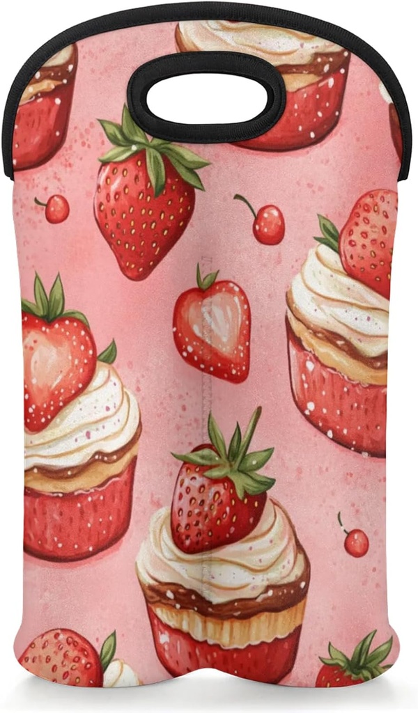 Strawberry Cream Cupcakes Wine Carrier Tote Bag 2 Bottles Cute Pink Beer Water Bottle Tote with Carry Handle Carrying Protective Holder Bag for Travel Party Picnic