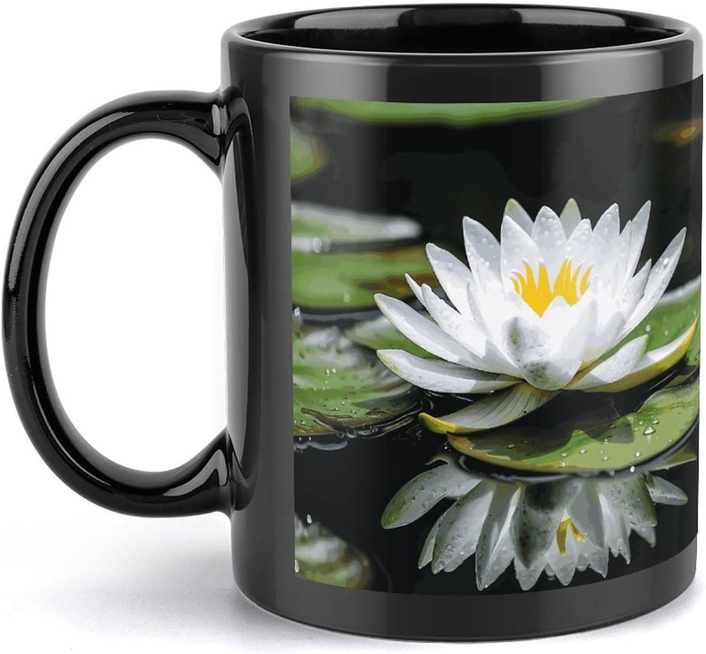 White Water Lily Travel Mug Ceramic Large Ceramic Coffee Mugs with Handle, Porcelain Mugs- Perfect for Coffee Tea Espresso Other Beverages