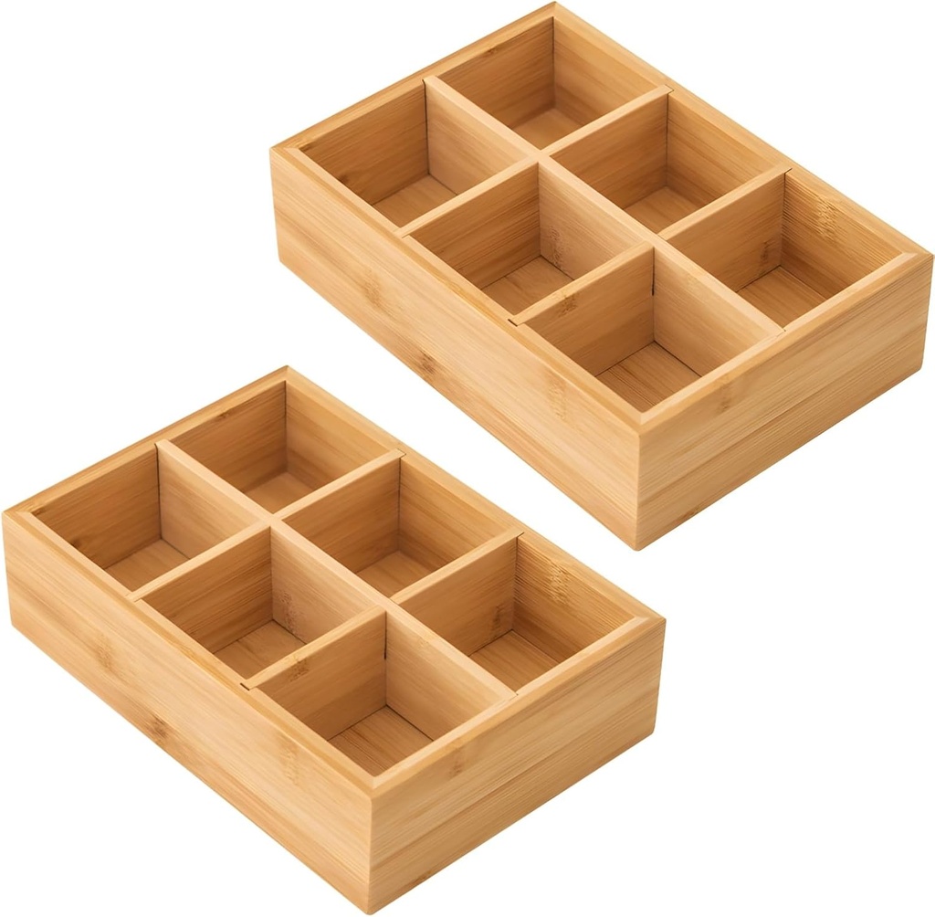 2 Pcs Wooden Tea Bag Organizers, Hot Tea Bag Holder Boxes, 6 Compartment Storage, Great for Tea Bags, Coffee Pods, Sugar Packets, Office & Kitchen Organization, 9.4 x 6.5 x 2.5