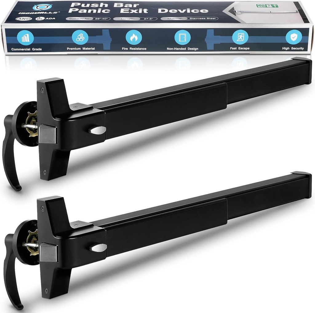 IRONWALLS 2-Pack Black Panic Bars for Exit Doors Commercial, 27.5” Stainless Steel Push Bar Panic Exit Device with Exterior Lever Handle, Push Bar Door Lock Panic Door Hardware for 27.5”-41” Doors