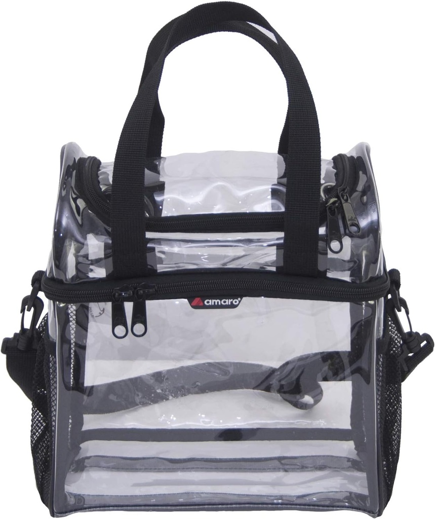 Amaro Premium 0.55mm Clear Dual Compartments Lunch Bag - Transparent Reusable Lunch Box for Adults - Ideal for Workplaces - Adjustable Shoulder Strap - Large Side Mesh Pockets