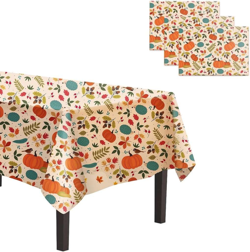 Thanksgiving Tablecloth Plastic 54x108 Inch, 3 Pack Disposable Fall Pumpkin Table Cover, Orange Marple Leaf Rectangle Autumn Table Cloth for Fall Thanksgiving Day Table Decor Decoration