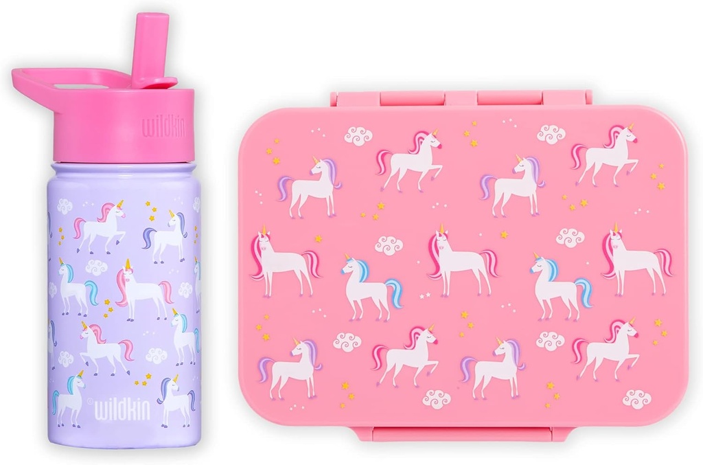 Wildkin Kids Bento Box Bundle with 14 Ounce Steel Water Bottle (Unicorn)