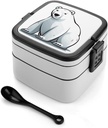 Polar Bear Bento Box Adult Lunch Box All-in-One Lunch Containers with Removable Compartments Double Layer Bento Lunch Box with Spoon And Handle Stackable Lunchbox