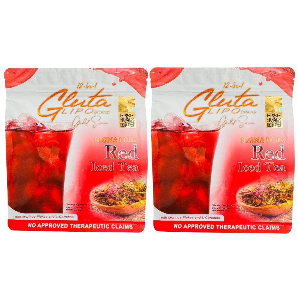 12-in-1 Glutalipo Gold Series Red Iced Tea, 10 Sachets (Pack of 2)