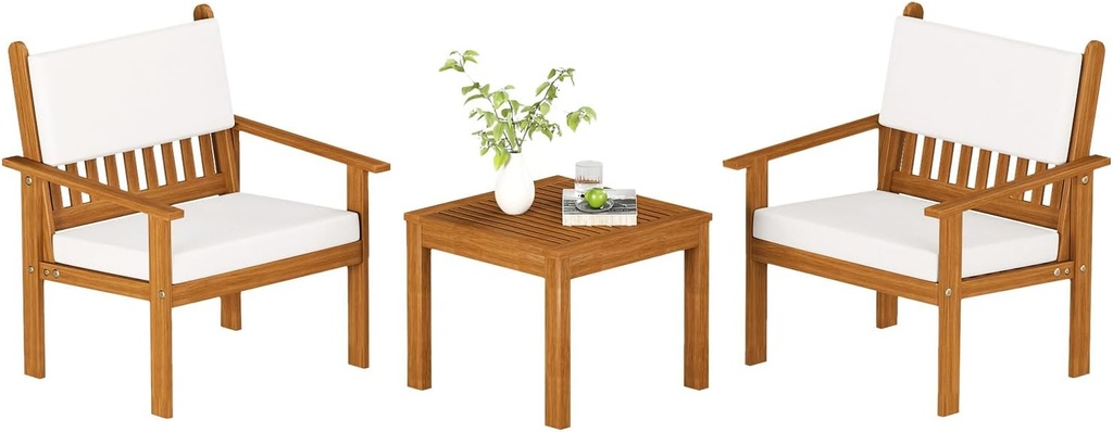 3 Pieces Acacia Wood Conversation Set Patio Furniture Outdoor Bistro Set Conversation CoffeeTable Chairs Set for 2 with Water-Resistant Cushions for Lawn Yard Garden Porch Balcony and Pool