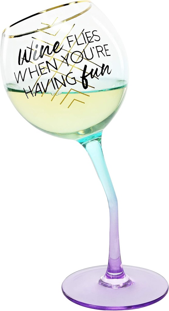 Wine Flies When You're Having Fun - 11 Oz Blue Ombre & Gold Unique Tipsy Stemmed Wine Glass