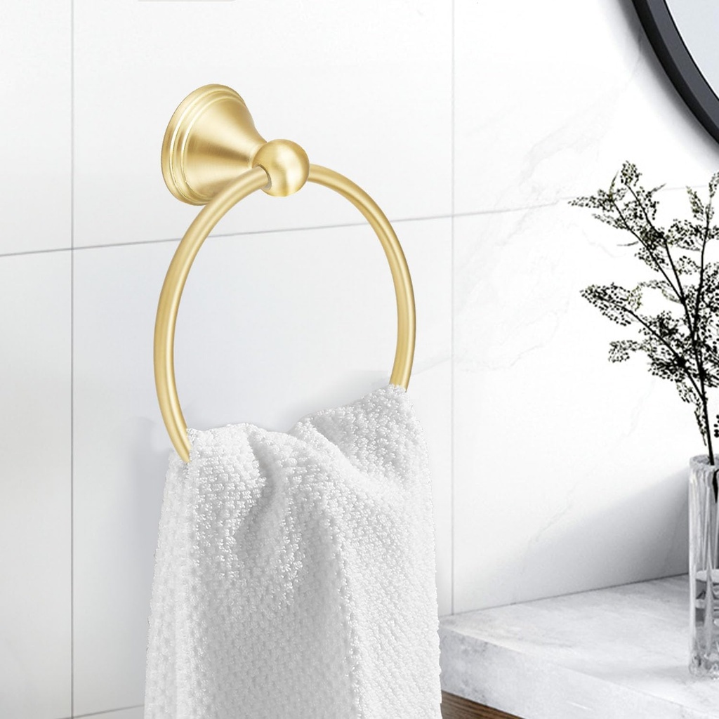 sagetta Brushed Gold Bathroom Hand Towel Holder Towel Ring 5.55-Inch Bath Towel Ring Diameter Wall Mount