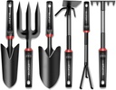Gardening Tools Set, 6 Pieces Heavy Duty Rust-Proof Gardening Tool Kit, Ergonomic Soft Rubber Handles, Includes Trowels, Rakes, Weeding Tool, and Hand Fork for Digging, Planting, Weeding