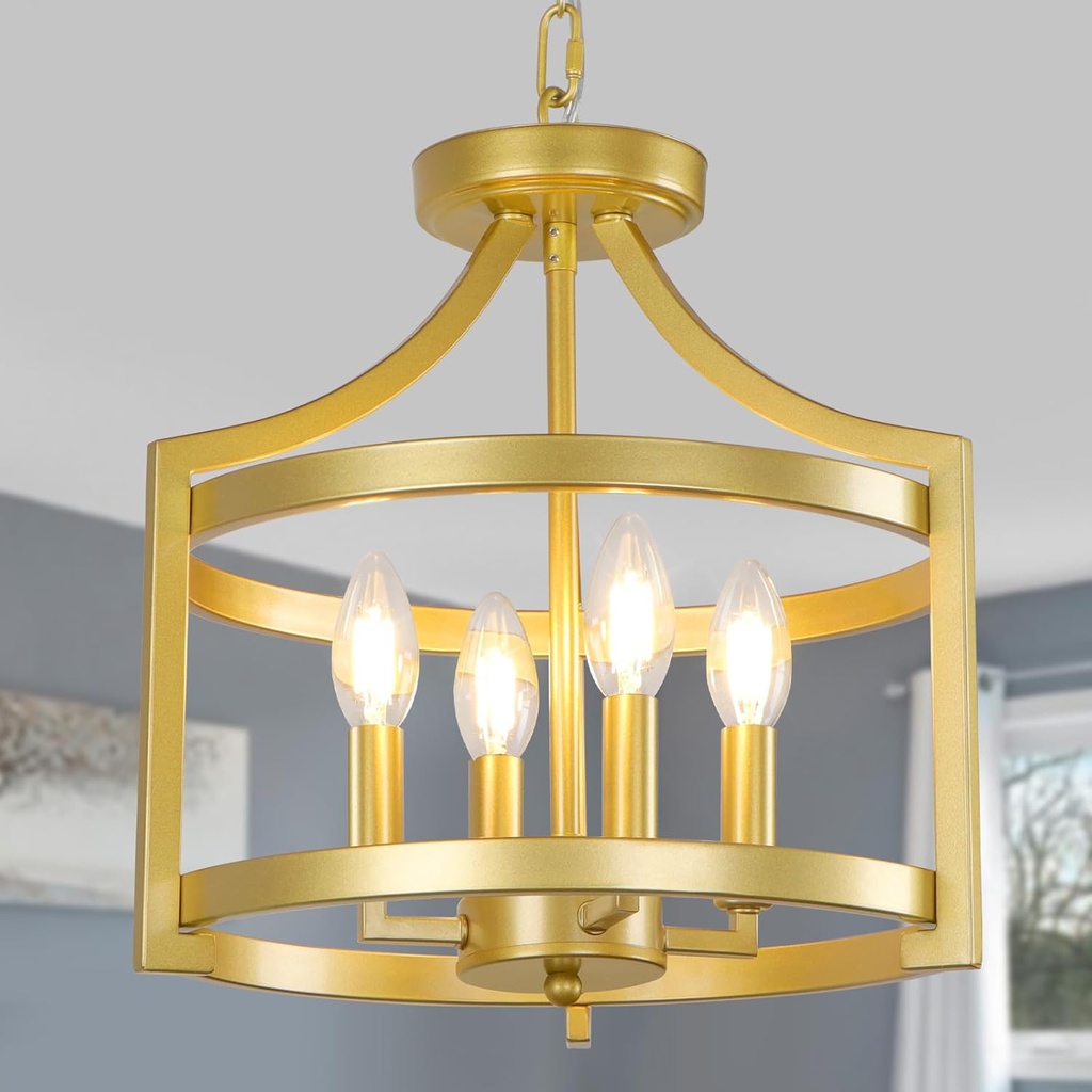 4-Light Gold Chandelier, Industrial Semi Flush Mount Ceiling Light Convertible Hanging Pendant Lighting with Metal Cage, Small Lantern Farmhouse Chandeliers for Kitchen Dining Room Entryway