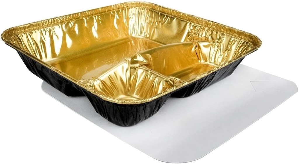 KitchenDance Disposable Aluminum Black & Gold Colored Extra Large Disposable 3 Compartment Tray with Board Lid- 42 Ounces Aluminum Baking Tray Perfect for Baking, Freezing, Serving Food, 2345-B&G, 10