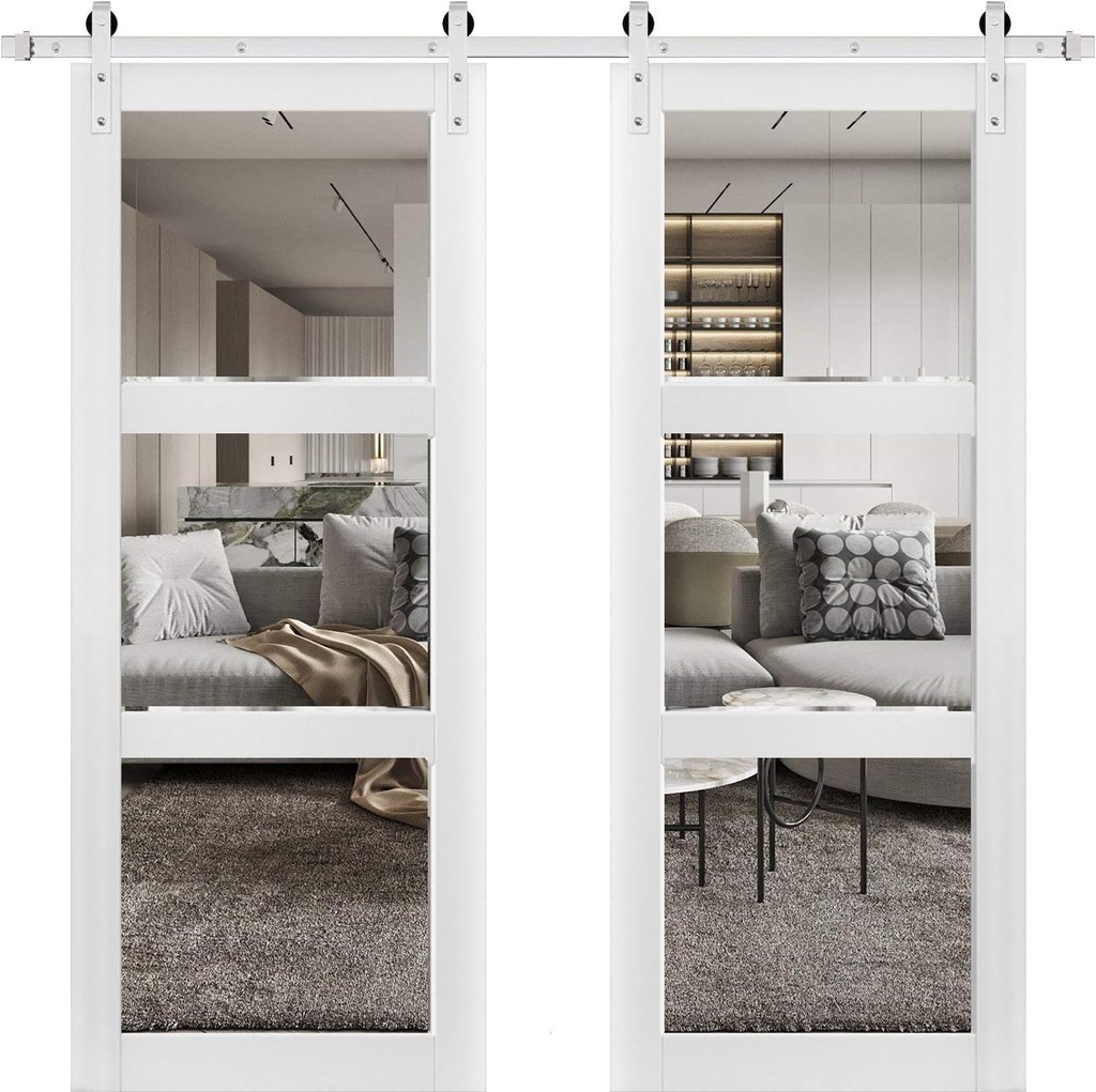 Sturdy Double Barn Door 60 x 96 inches with Clear Glass 3 Lites | Lucia 2555 Matte White | Stainless Steel 13FT Rail Hangers Heavy Set | Solid Panel Interior Doors