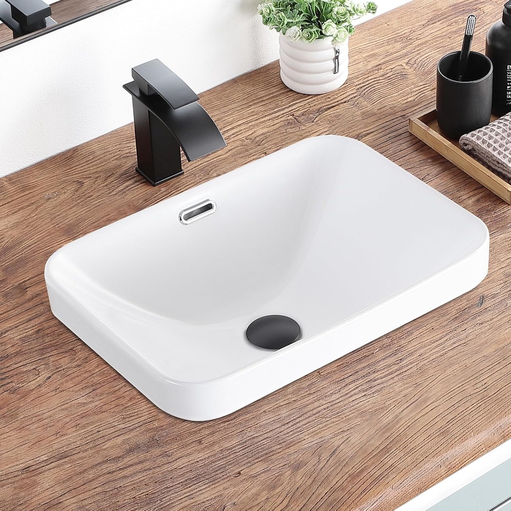 Bathroom Vessel Sink 18.2'' x 13.3'' Small Semi Recessed Bathroom Sink Rectangular Drop In Sink with Overflow White Ceramic Modern Vessel Sinks for Bathroom