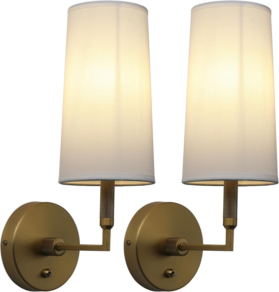 Phansthy Wall Sconces Sets of 2, Retro Industrial Wall Lamps with Switch, Bathroom Vanity Sconces Wall Lighting with White Fabric Shade for Bedroom Living Room Corridor Kitchen (Antique 2 Pack)