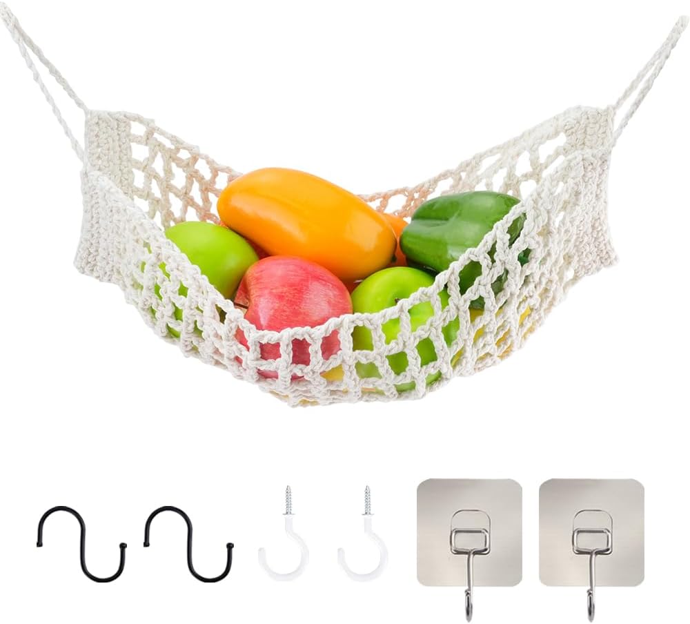 Hanging Fruit Hammock Set, Cotton Fruit Holder with 2 Pcs Self-Adhesive Hooks, 2 Pcs S Hooks and 2 Spiral hook, Hand Woven Wall Mounted Fruit Basket for Kitchen RVs Home