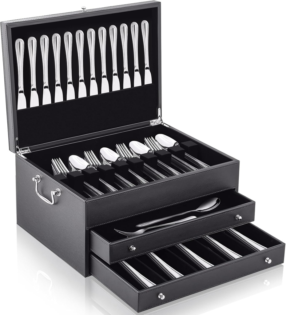 Leather Silverware Storage Box Flatware Storage Case, Leather Silverware Chest with Drawer for Silver, Storing Fine Flatware and Utensils(3 Layer)