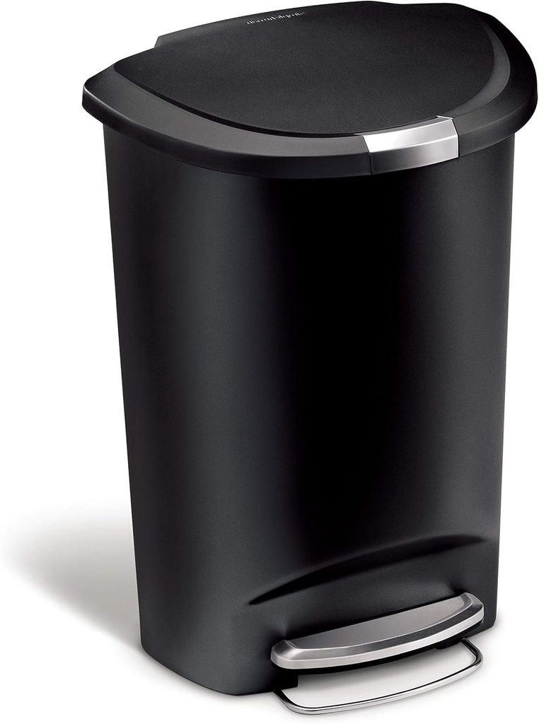 simplehuman 50 Liter / 13 Gallon Semi-Round Kitchen Step Trash Can with Secure Slide Lock, Black Plastic