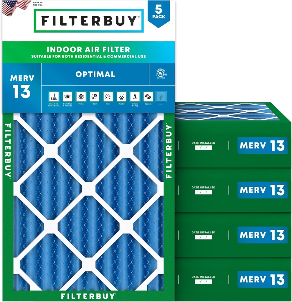 Filterbuy 12x22x4 Air Filter MERV 13 (MPR 1900) Health Defense Replacement (5-Pack), Electrostatic Pleated HVAC AC Furnace Filters, Made in USA (Actual Size: 12.00 x 22.00 x 3.63)
