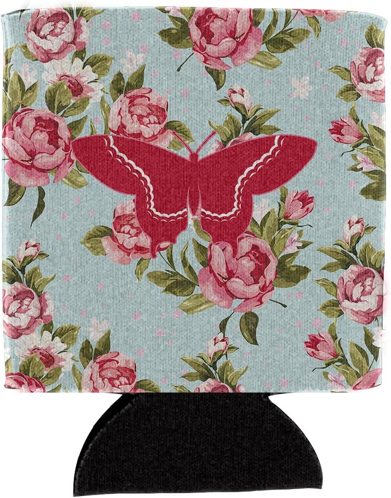 Caroline's Treasures BB1030-RS-BU-CC Butterfly Shabby Chic Blue Roses BB1030 Can or Bottle Hugger, Blue Cooler Washable Drink Sleeve Collapsible Beverage Insulated Holder, Can Hugger, Multicolor