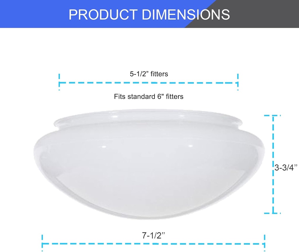 Dysmio 6-Inch White Classic Globe, Dome, Fitter Size 5-1/2 inches, Replacement Mushroom Glass Shade for Pendant, Fan light, Bathroom