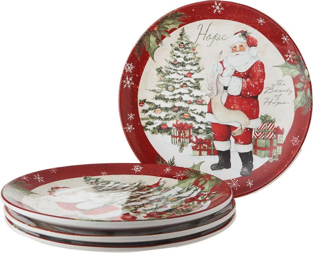 Holiday Wishes Christmas Dinner Plates Set of 4 Vintage Santa Claus Ceramic Plates with Peace Love Joy Hope Festive Holiday Dinnerware for Family Meals & Entertaining