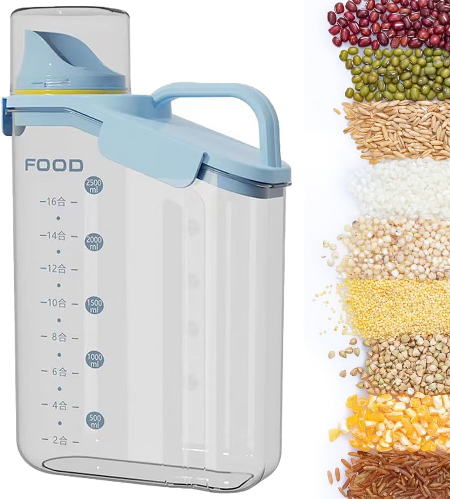 Rice container storage tank, kitchen storage container, sealed food storage, sealed design measuring cup. With pouring port, suitable for oatmeal, grains, rice, flour (blue, 2800ML)