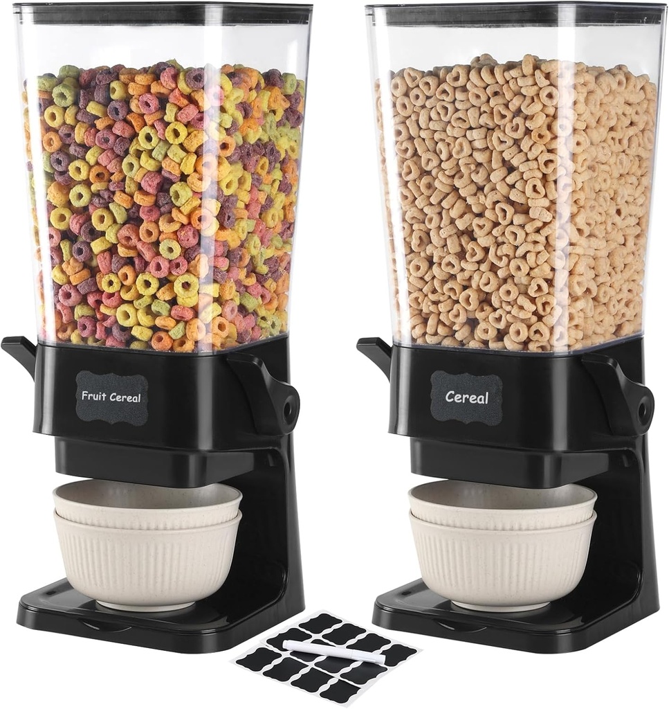 Cereal Dispenser Countertop with Cereal Bowls,16 Labels & Pen, Cereal Containers Storage, Candy Dispenser, Dry Food Dispenser For Pantry - Not Easy to Crush Food (Black, 2 Pack)