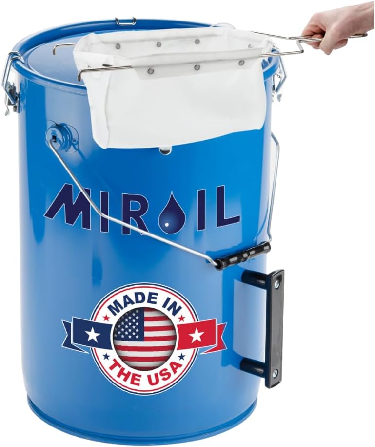 MirOil Filter Pot Combo, Oil Pot & Oil Filter Bag, 6 Gallon Deep Fryer Grease Disposal Caddy w/Reusable EZ Flow Strainer Bag and Frame for Filtering & Safe Storage, Extends Life & Polish Fryer Grease