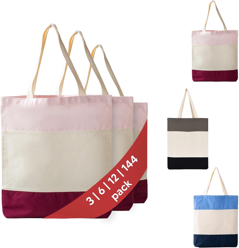 3 | 6 | 12 | 144 Pack Tri-Color Cotton Tote Bag, 100% Reusable Canvas Shoulder Bag for Shopping, Gifts, Events, Everyday Use