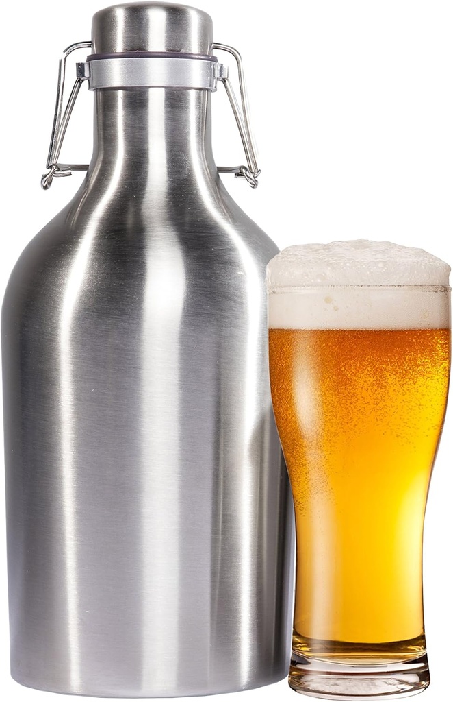 Stainless Steel Beer Growler - 64 Oz. Bottle with Secure Swing Top Lid for Freshness - Best Quality Growlers - Food Safe - Plastic Free