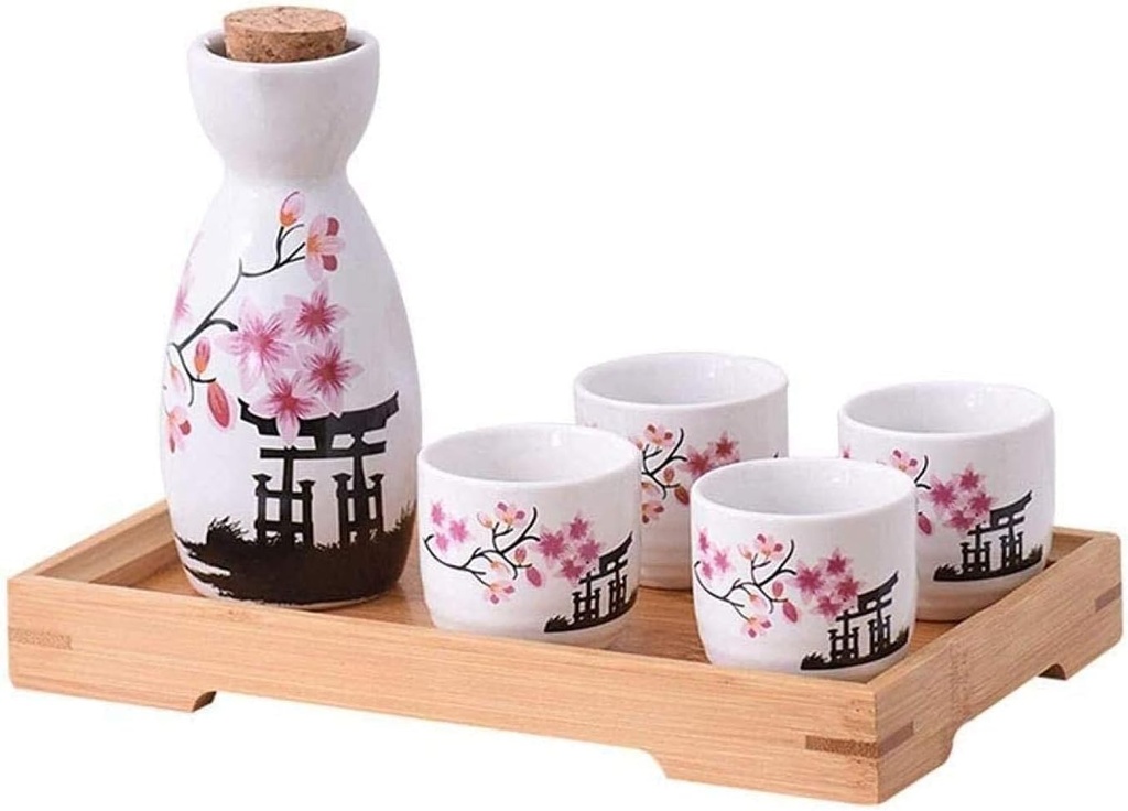 Sake Set Sake Mug Set 6 Japanese Sake Set with Multifunction Wood Tray Traditiol Hand-Painted Japanese Pottery Hot Saki Drink Kit Suitable for 4 People Whiteuseful