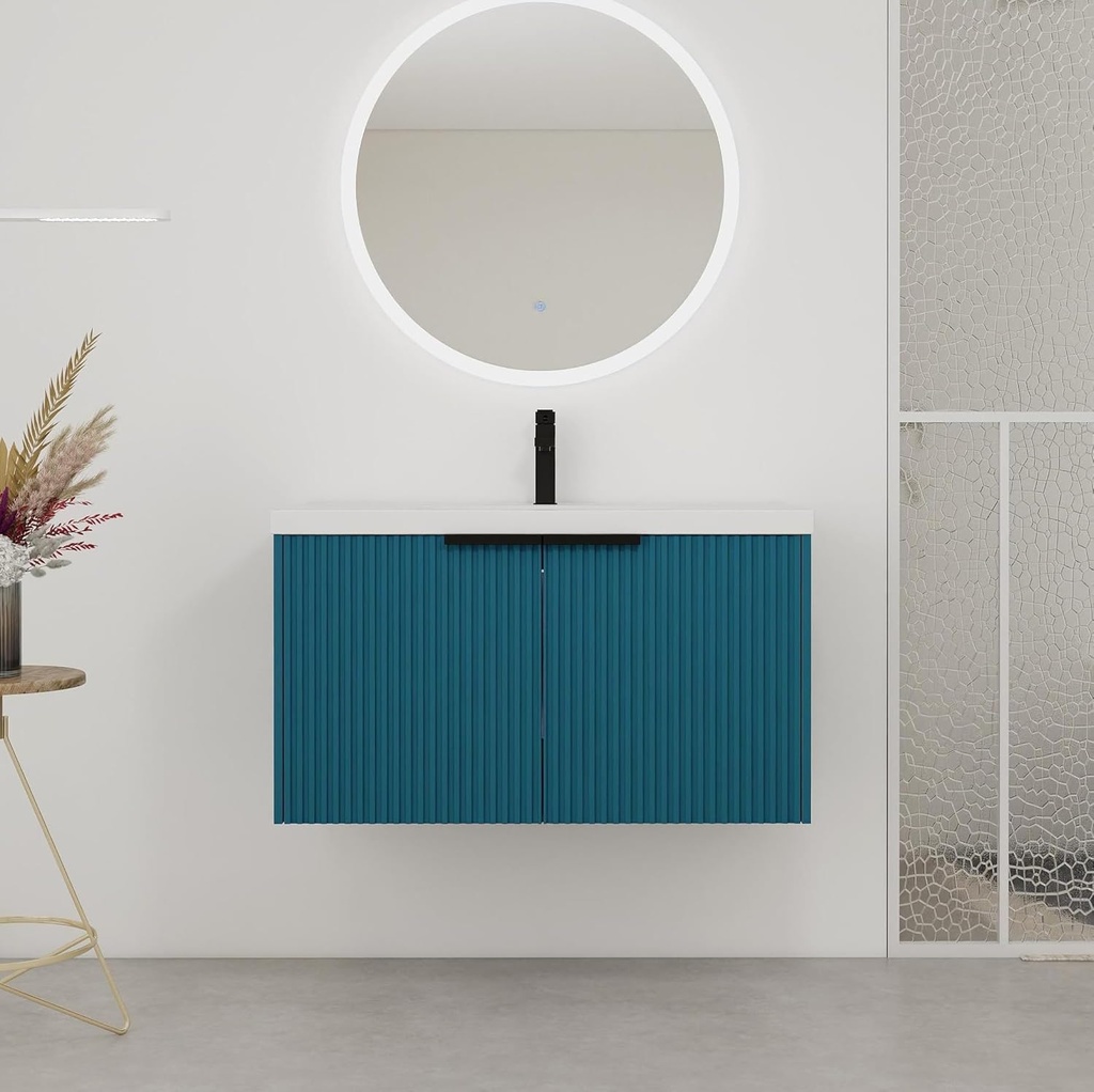 Henf Wall Mounted Bathroom Vanity with Resin Sink & Soft-Close Doors, Modern Floating Bathroom Cabinet, Single Sink Wall Mounted Vanities with Sink Combo Set (Blue, 36inch)
