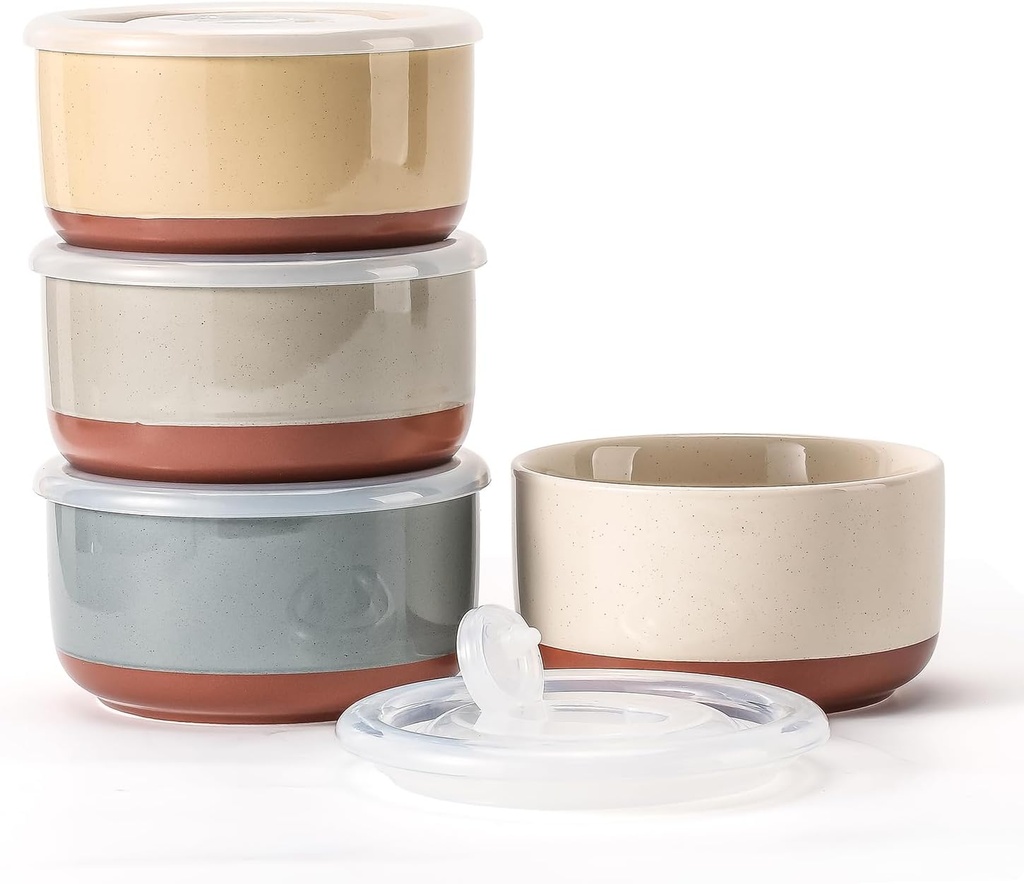 Ceramic Bowl with Lid: 20 oz Microwave Safe Porcelain Soup Containers for Food Storage, Meal Prep, Working Lunch, Picnic & Camping - 5-Inch Set of 4 Dipped Color & Speckle