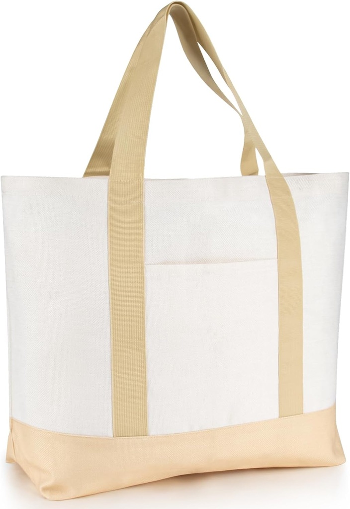 Canvas Tote Bag - 15 X 21 Inches Large Canvas Tote Bag For Women Reusable Cotton Grocery Bags With Handles Pockets For Men&Women Work Shopping School Beach Travel Diy Crafts (Yellow/Beige)